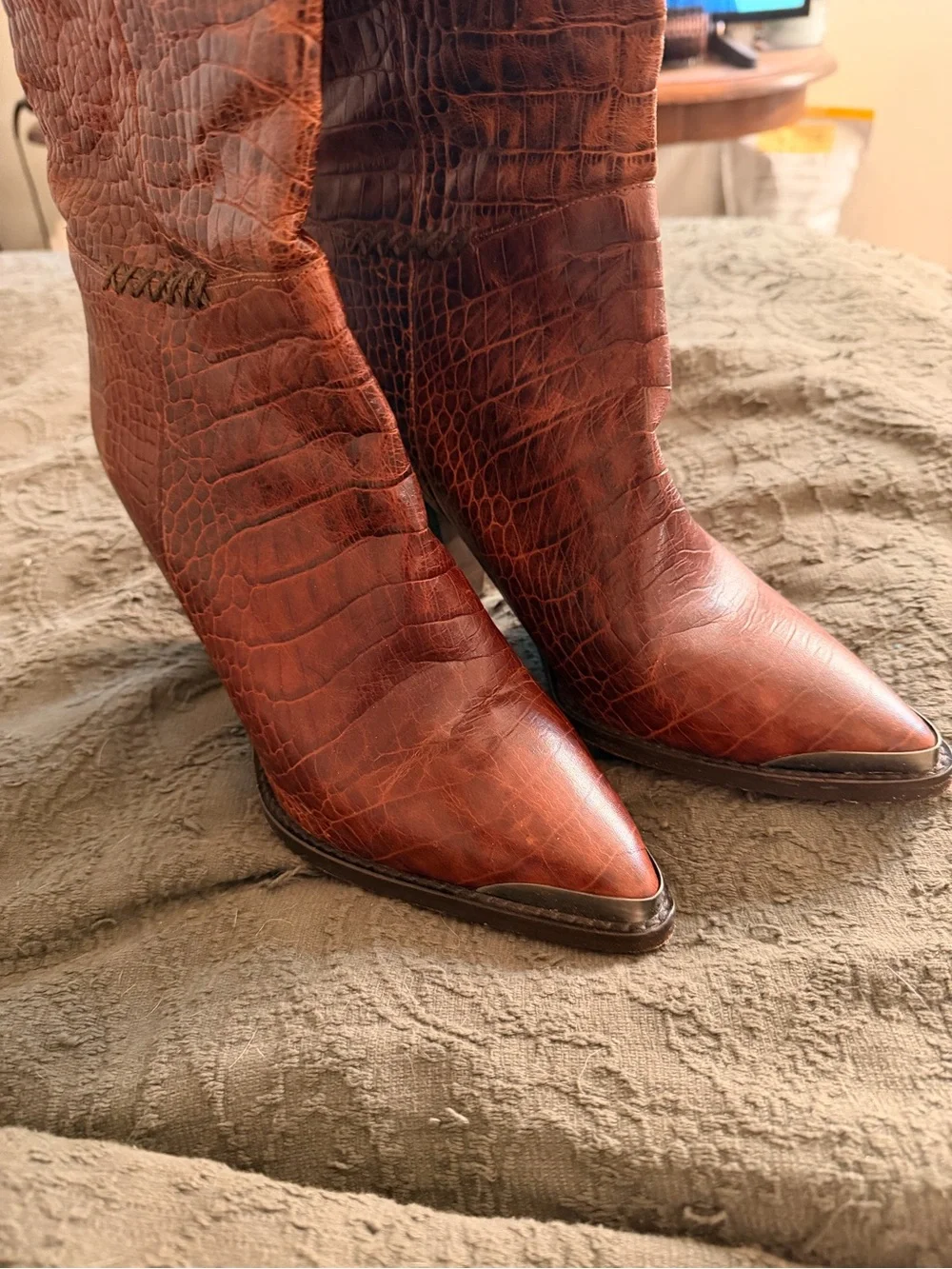 Free People Brown Croc-Embossed Pointed Toe Knee-High Boots